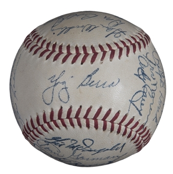 High Grade 1953 World Series Champion New York Yankees Team Signed OAL Harridge Baseball With 26 Signatures Including Mantle, Berra, Ford & Martin  (PSA/DNA)